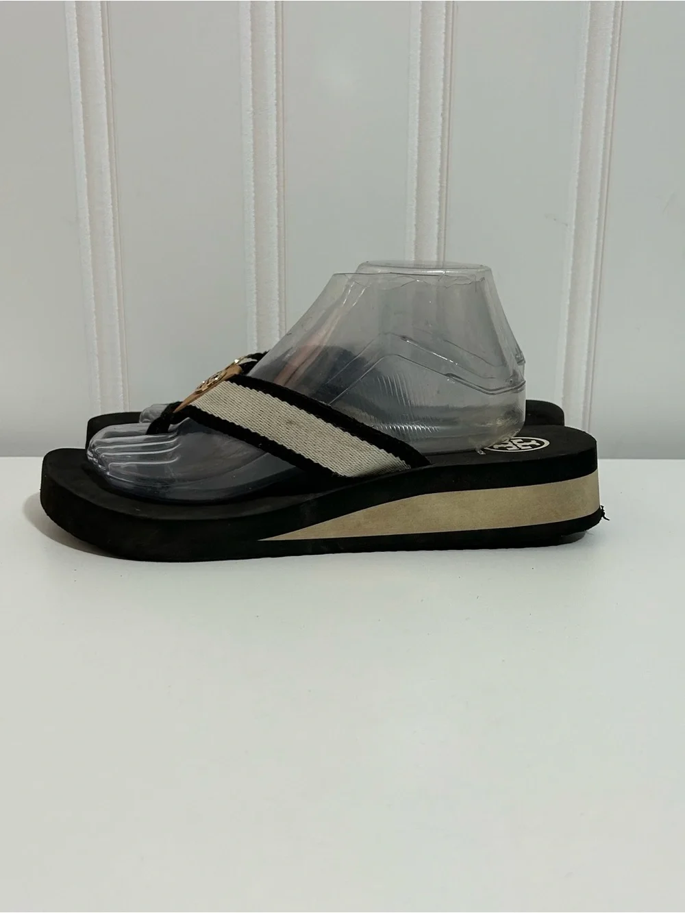 Tory Burch Black Footbed Flip Flops with Cream Straps platform